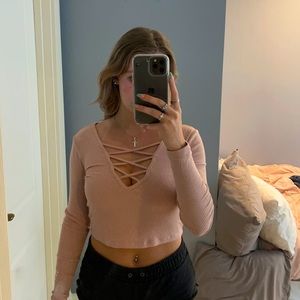 Forever 21 Cropped Long sleeve  Ribbed shirt w/ Crisscross Front